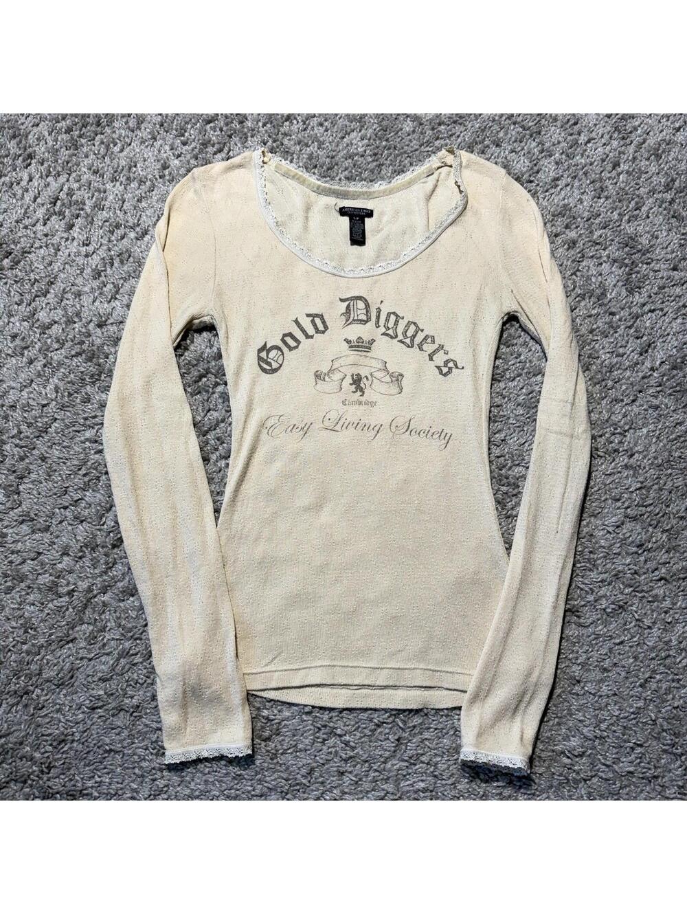 VTG American Eagle Womens Y2K Long Sleeve Fitted Thermal Graphic Lace Trim Small